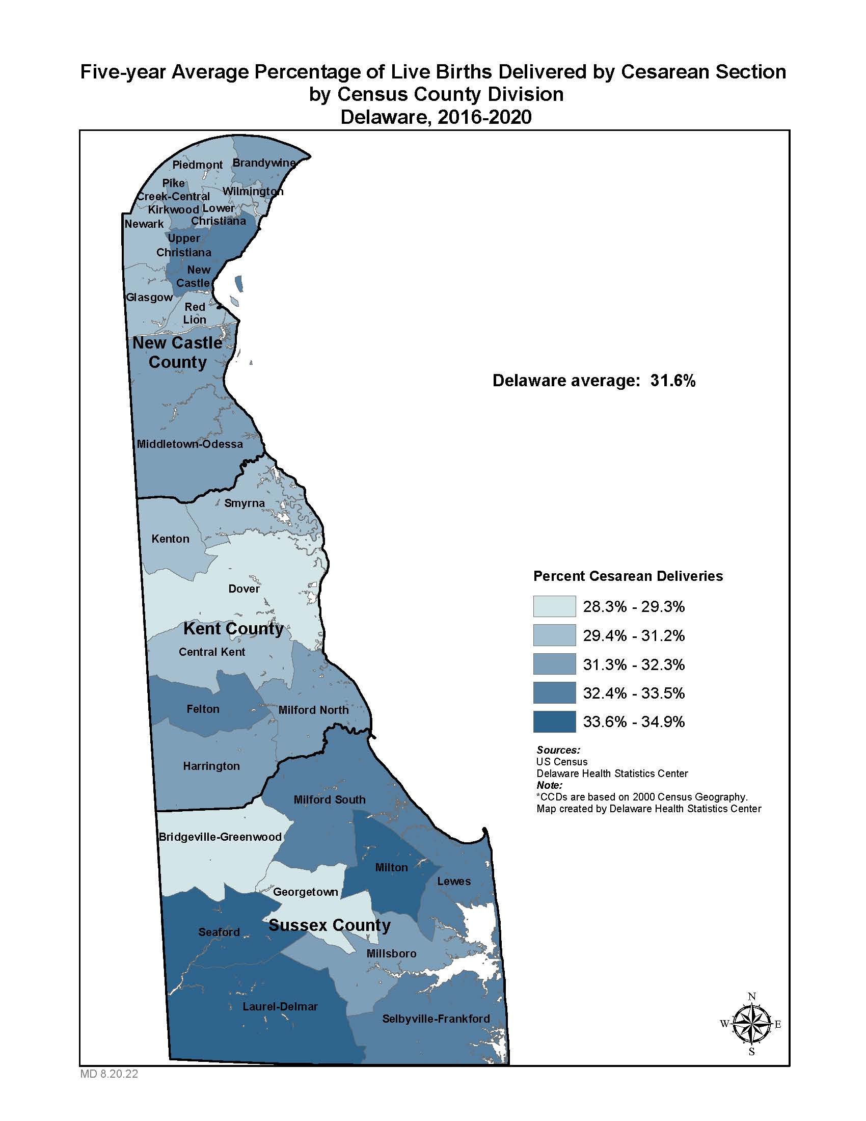 Map: Births delivered by c-section 16-20