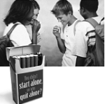 Photo: youth smoking and parody of cigarette pack